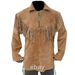 Chemise en cuir suède de style western amérindien pour hommes avec franges et glands.