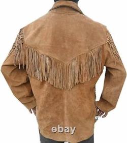 Chemise en cuir suède de style western amérindien pour hommes avec franges et glands.