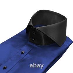 Chemise homme à col italien échancré en satin de soie bleu marine pour soirée et fête