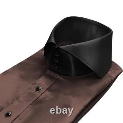 Chemise homme à col italien échancré, satin marron chocolat, pour soirée et fête