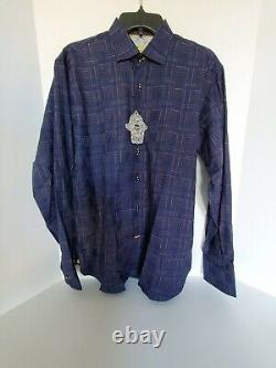 Chemise noire Visconti pour homme à rayures bleues à boutons taille moyenne Nwt