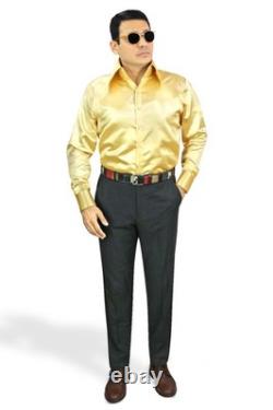 Chemise satinée brillante et lustrée dorée pour homme, col long pointu haut édouardien sur tapis rouge rouge