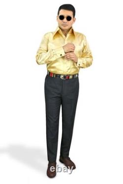 Chemise satinée brillante et lustrée dorée pour homme, col long pointu haut édouardien sur tapis rouge rouge