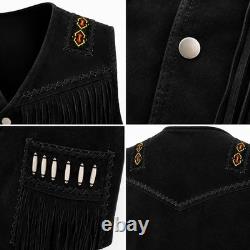 Gilet western pour homme en daim à franges, perles amérindiennes et boutons-pression
