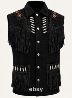 Gilet western pour homme en daim à franges, perles de style amérindien, boutons-pression
<br/>