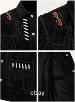 Gilet western pour homme en daim à franges, perles de style amérindien, boutons-pression

<br/>