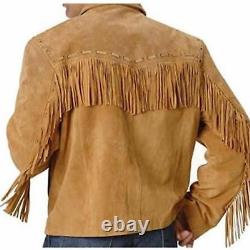 Homme Amérindien Cowboy Veste en Daim Marron à Franges en Cuir avec Fermeture Éclair de Style Western