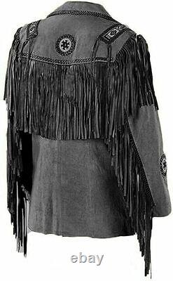 Homme Amérindien Cowboy Veste en cuir noir occidental en daim avec franges et perles