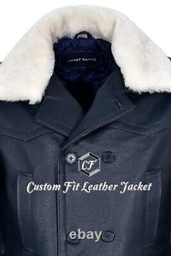 Hommes Alleman Pea Coat Navy Fur Collar Classic Military Hide Leather Jacket Dr Who