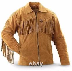 Hommes amérindiens cow-boy brun en cuir avec franges en daim veste western à fermeture éclair