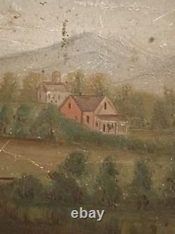 Huile primitive sur panneau de bois, chasseur avec 2 chiens et famille de cailles dans des maisons de vallée