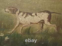 Huile primitive sur panneau de bois, chasseur avec 2 chiens et famille de cailles dans des maisons de vallée