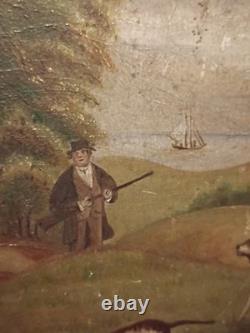 Huile primitive sur panneau de bois, chasseur avec 2 chiens et famille de cailles dans des maisons de vallée