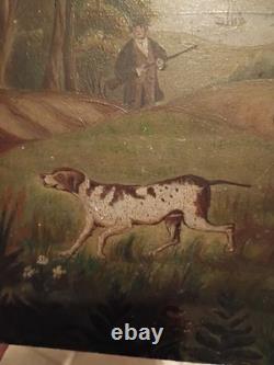 Huile primitive sur panneau de bois, chasseur avec 2 chiens et famille de cailles dans des maisons de vallée