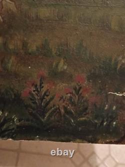 Huile primitive sur panneau de bois, chasseur avec 2 chiens et famille de cailles dans des maisons de vallée