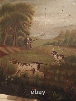 Huile primitive sur panneau de bois, chasseur avec 2 chiens et famille de cailles dans des maisons de vallée