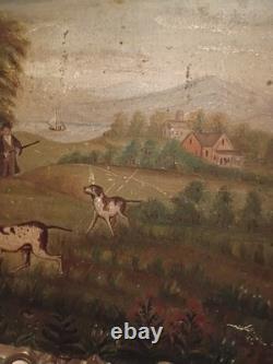 Huile primitive sur panneau de bois, chasseur avec 2 chiens et famille de cailles dans des maisons de vallée