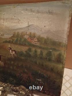 Huile primitive sur panneau de bois, chasseur avec 2 chiens et famille de cailles dans des maisons de vallée
