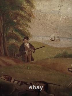 Huile primitive sur panneau de bois, chasseur avec 2 chiens et famille de cailles dans des maisons de vallée