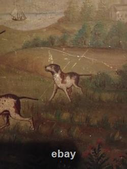 Huile primitive sur panneau de bois, chasseur avec 2 chiens et famille de cailles dans des maisons de vallée