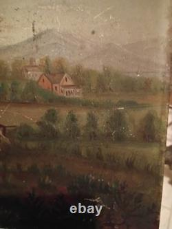 Huile primitive sur panneau de bois, chasseur avec 2 chiens et famille de cailles dans des maisons de vallée