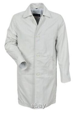 Manteau de ville décontracté pour hommes en cuir nappa italien véritable blanc, style trench à mi-genou.