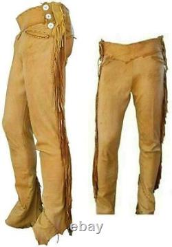 Pantalon à franges en cuir suédé marron fait main pour homme amérindien de style cowboy occidental.