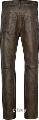 Pantalon en cuir pour homme en peau d’agneau marron sale, style jean moto 501