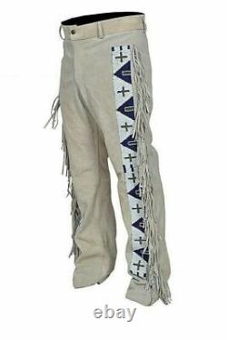 Pantalon en daim véritable à franges perlées pour homme style cowboy occidental et amérindien hippie