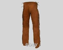 Pantalons frangés en cuir suédé marron style cowboy occidental pour hommes