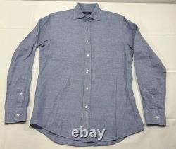 Ralph Lauren Purple Label Italie Chemise à carreaux pied-de-poule bleus en coton et lin pour homme 15,5
