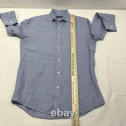 Ralph Lauren Purple Label Italie Chemise à carreaux pied-de-poule bleus en coton et lin pour homme 15,5