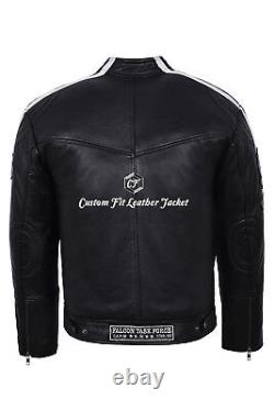 Smart Range Falcon Homme Black Biker Style Badges Real Motorcycle Leather Jacket