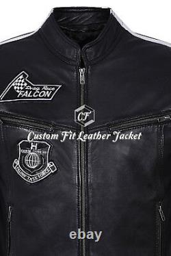 Smart Range Falcon Homme Black Biker Style Badges Real Motorcycle Leather Jacket