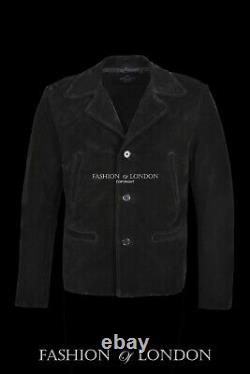 Veste En Cuir Pour Homme Black Suede Classic Collared Blazer Casual 70's Fashion