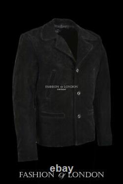Veste En Cuir Pour Homme Black Suede Classic Collared Blazer Casual 70's Fashion