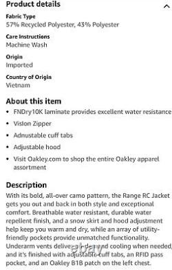 Veste Oakley Homme Range RC Camo Junter Taille Large NEUVE