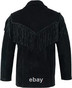 Veste à franges de cow-boy occidental noir pour hommes Veste en cuir suédé amérindien