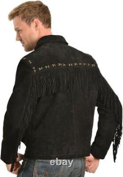 Veste à franges en cuir noir style cowboy amérindien pour hommes avec fermeture éclair