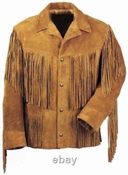 Veste à franges en suède pour hommes, style cow-boy amérindien, veste en cuir occidentale