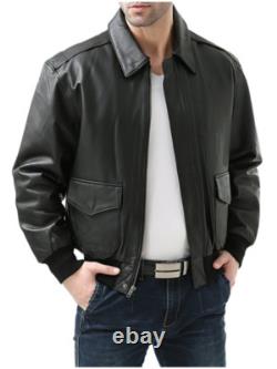 Veste aviateur bomber en cuir véritable pour homme, noire, style motard/pilote