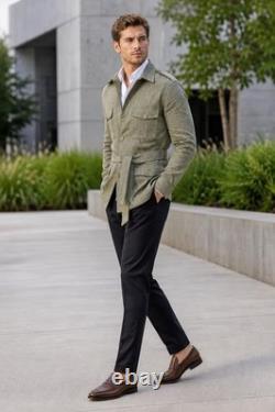 Veste-chemise utilitaire safari pour homme, style vintage, rayures vert olive, en lin, avec ceinture