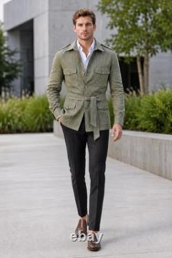 Veste-chemise utilitaire safari pour homme, style vintage, rayures vert olive, en lin, avec ceinture