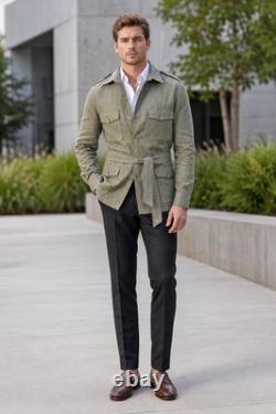 Veste-chemise utilitaire safari pour homme, style vintage, rayures vert olive, en lin, avec ceinture