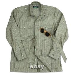 Veste-chemise utilitaire safari pour homme, style vintage, rayures vert olive, en lin, avec ceinture
