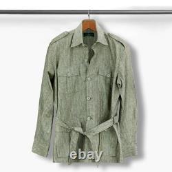 Veste-chemise utilitaire safari pour homme, style vintage, rayures vert olive, en lin, avec ceinture