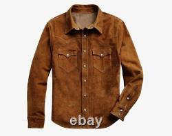 Veste de camionneur en cuir suédé pour homme, style vintage classique de l'Ouest, haut de gamme, chemise à boutons pour motard.