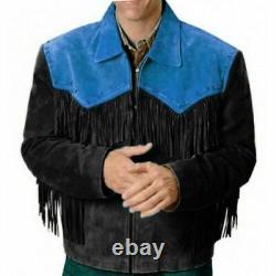 Veste de cow-boy amérindien en cuir avec franges en daim et fermeture éclair