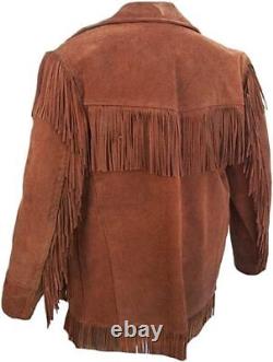 Veste de cow-boy en daim en cuir véritable à franges pour homme de style occidental en brun avec décorations amérindiennes