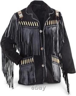 Veste de cowboy en cuir suédé western pour homme avec franges, perles et pompons amérindiens